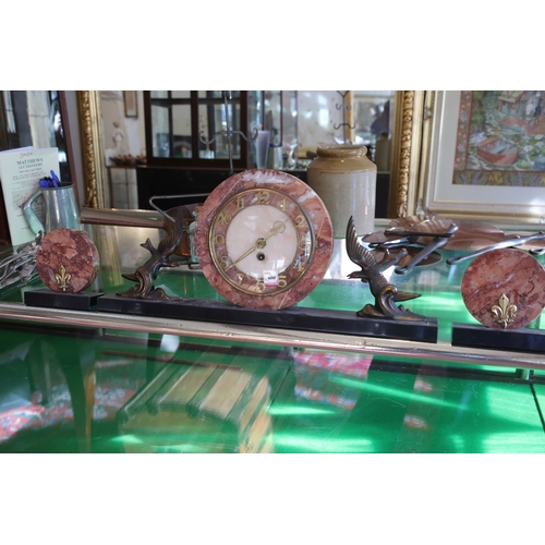 972 - Art Deco Three Piece Rouge Marble Set Ormolu Mounts Albatross Side Motif Decoration Clock Approximat... 