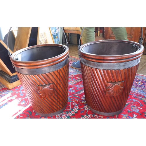 974 - Pair of Irish Mahogany Peat Buckets Each with Carved Shell Motif Liners Present Swing Carry Handles ... 