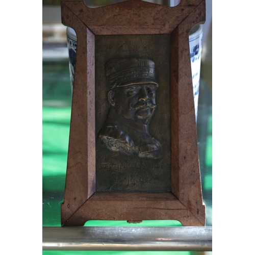 979 - Old Bronze Plaque of General Mounted in Walnut Frame Plaque Approximately 9 Inches High