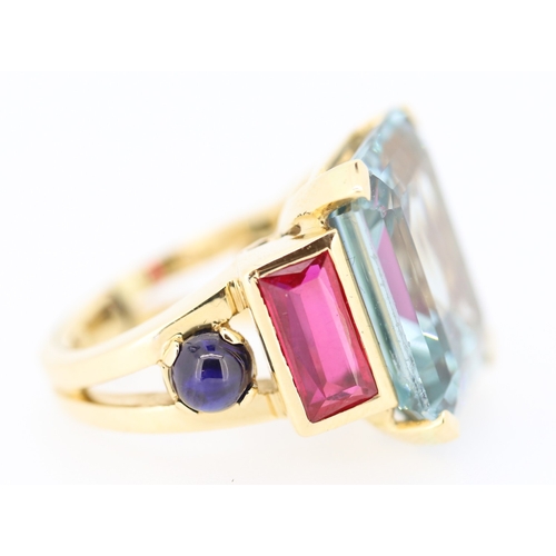 98 - Attractively Detailed Aquamarine Ruby and Onyx Set Statement Ring Mounted in 18 Carat Yellow Gold Ri... 