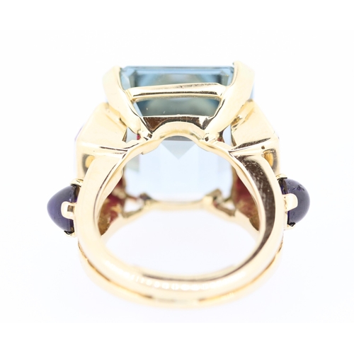 98 - Attractively Detailed Aquamarine Ruby and Onyx Set Statement Ring Mounted in 18 Carat Yellow Gold Ri... 