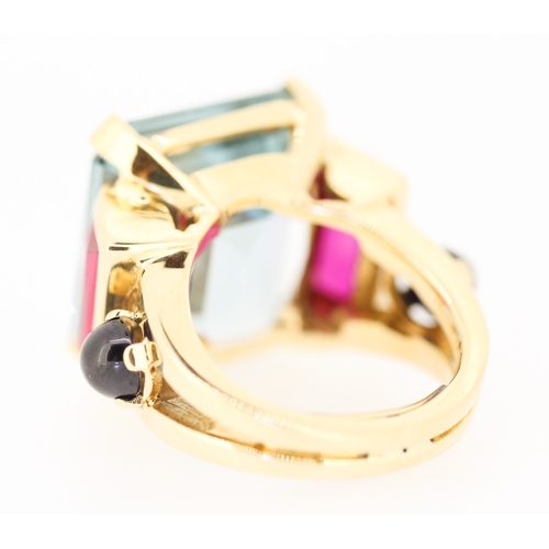 98 - Attractively Detailed Aquamarine Ruby and Onyx Set Statement Ring Mounted in 18 Carat Yellow Gold Ri... 