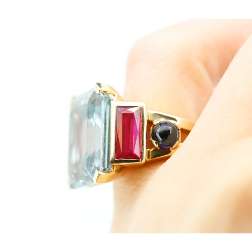 98 - Attractively Detailed Aquamarine Ruby and Onyx Set Statement Ring Mounted in 18 Carat Yellow Gold Ri... 