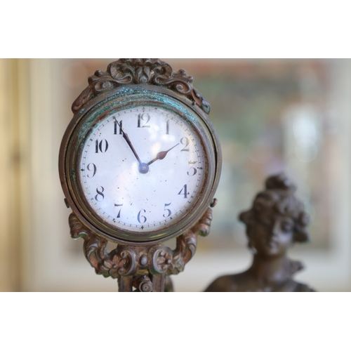 986 - Antique Art Nouveau Walnut Base Bronze Figural Form Clock Approximately 10 Inches High