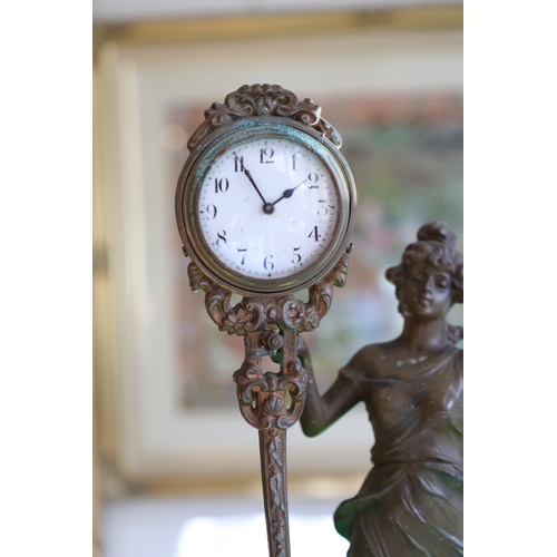 986 - Antique Art Nouveau Walnut Base Bronze Figural Form Clock Approximately 10 Inches High