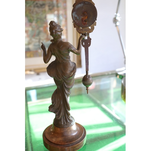 986 - Antique Art Nouveau Walnut Base Bronze Figural Form Clock Approximately 10 Inches High