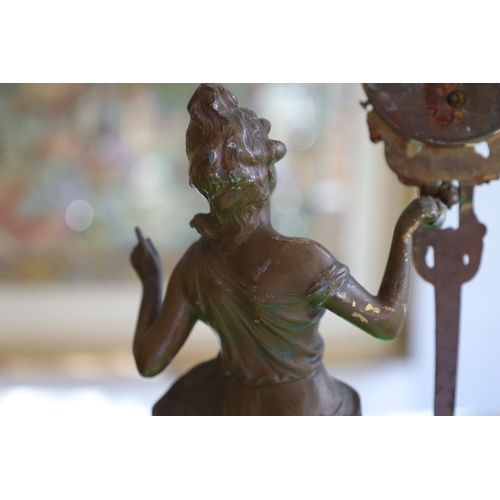 986 - Antique Art Nouveau Walnut Base Bronze Figural Form Clock Approximately 10 Inches High