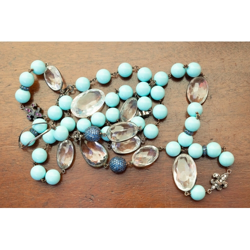 Ladies Turquoise Bead Necklace with Cut Crystal Spacers Attractively Detailed