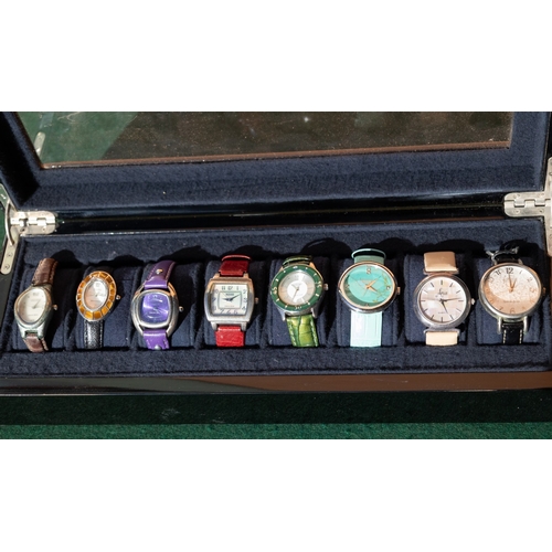 Inset Glass Top Watch Collectors Case with Eight Various Designer Watches Contained Within Case Approximately 16 Inches Wide