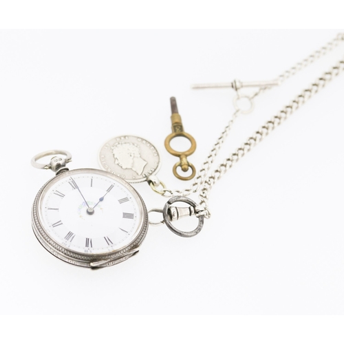 Silver Cased Pocket Watch Roman Numerals with Silver Pocket Watch Chain 1825 Silver Coin Charm and Winding Key