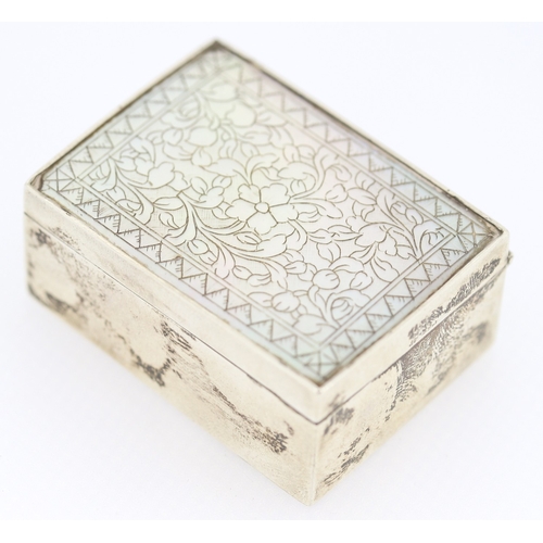 Attractively Detailed Silver Desk Box Mother of Pearl Decorated Hinged Cover 5.5cm by 4cm