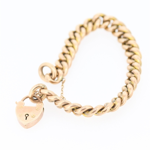 9 Carat Rose Gold Curb Link Bracelet with Heart Padlock Clasp and Safety Chain 17cm Long
