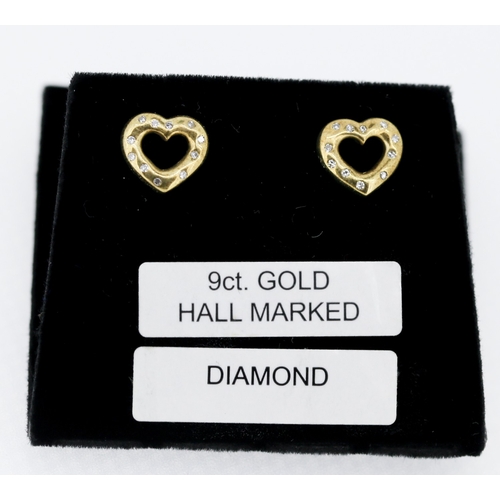Pair of Diamond Set Heart Form Earrings Mounted in 9 Carat Yellow Gold 1cm High As New Unworn Shop Stock Inherited by Vendor