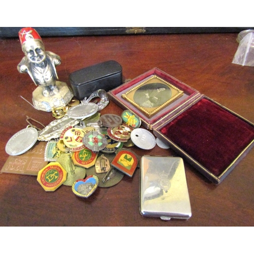 Collection of Various Items Including Old Daguerreotype Photograph Contained Within Moroccan Leather Case Masonic Antique Figure Various Pins, etc. Quantity as Photographed
