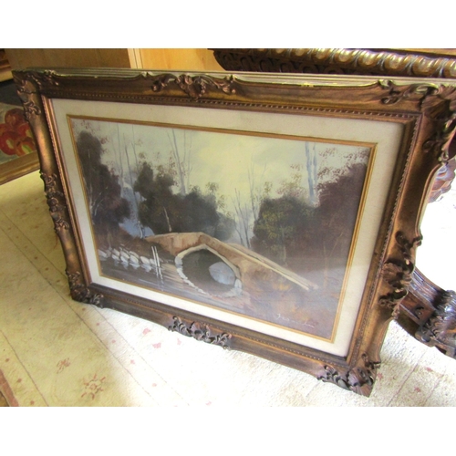400 - Continental School Oil on Canvas Bridge Scene River and Trees Beyond Approximately 22 Inches High x ... 