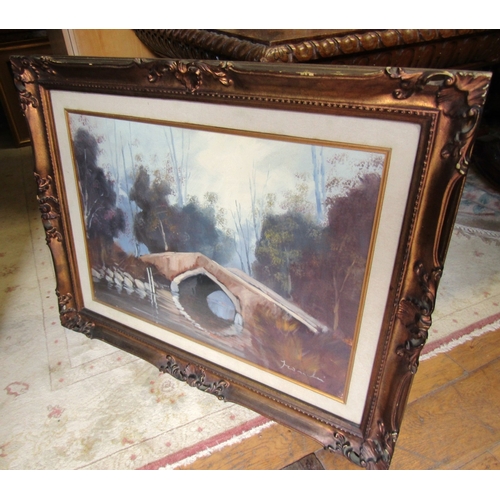 400 - Continental School Oil on Canvas Bridge Scene River and Trees Beyond Approximately 22 Inches High x ... 