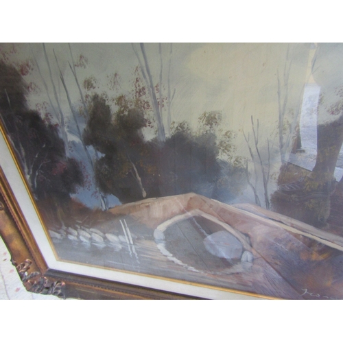 400 - Continental School Oil on Canvas Bridge Scene River and Trees Beyond Approximately 22 Inches High x ... 