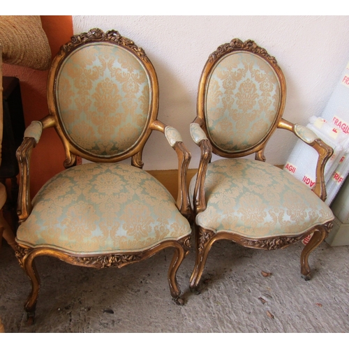 Pair of Antique Gilded Drawing Room Armchairs Silk Brocade Upholstery Each Attractively Detailed