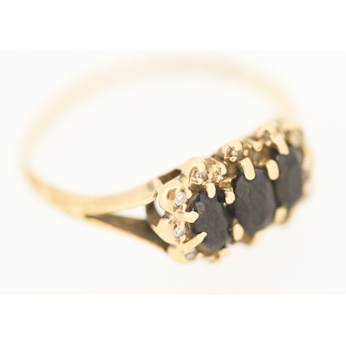 127 - Sapphire Three Stone Set Ring with Diamond Set Surround Mounted in 9 Carat Yellow Gold Ring Size N a... 