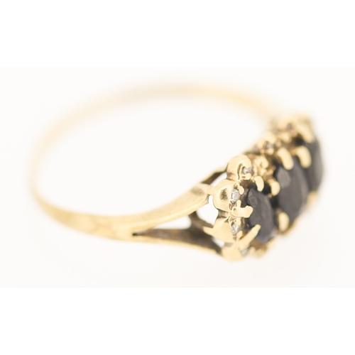 127 - Sapphire Three Stone Set Ring with Diamond Set Surround Mounted in 9 Carat Yellow Gold Ring Size N a... 