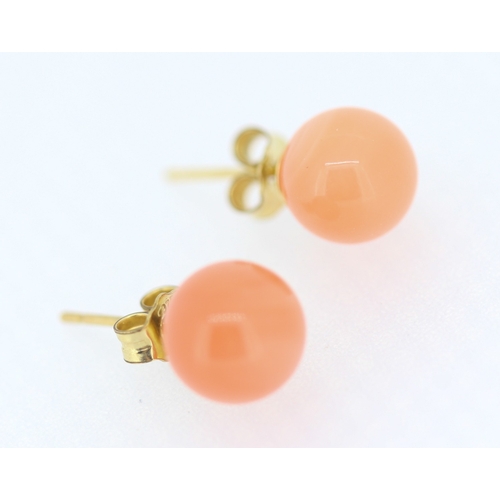 Pair of Coral Bead Set Earrings Mounted on 9 Carat Yellow Gold