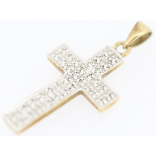 136 - Diamond Set 9 Carat Yellow and White Gold Cross Pendant 2.5cm High