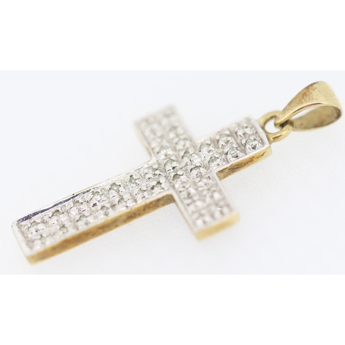 136 - Diamond Set 9 Carat Yellow and White Gold Cross Pendant 2.5cm High