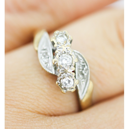 139 - Finely Detailed Diamond Three Stone Ring Mounted in 9 Carat Yellow Gold with Further Diamond Insets ... 