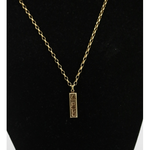 143 - 9 Carat Yellow Gold Ingot Pendant 2cm High Set on 9 Carat Yellow Gold Chain 45cm Long