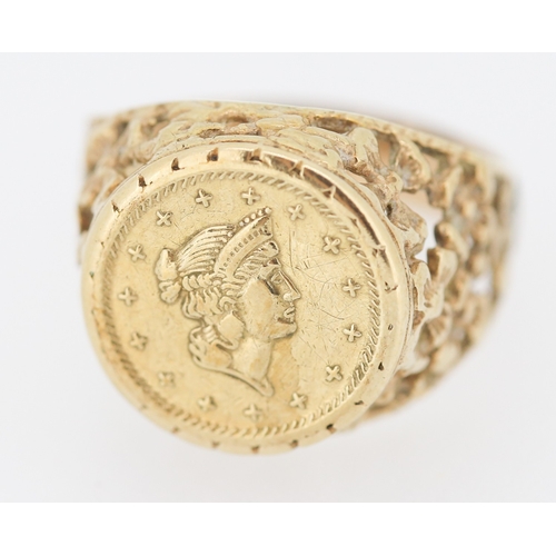 144 - Attractively Detailed 9 Carat Yellow Gold 1 Tallar Coin Motif Pendant Filigree Decoration Ring Size ... 