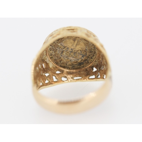 144 - Attractively Detailed 9 Carat Yellow Gold 1 Tallar Coin Motif Pendant Filigree Decoration Ring Size ... 