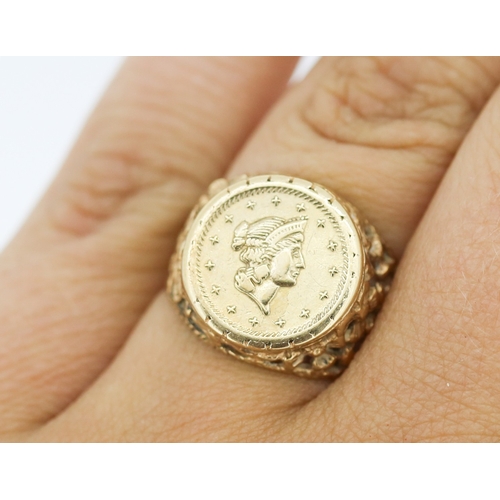 144 - Attractively Detailed 9 Carat Yellow Gold 1 Tallar Coin Motif Pendant Filigree Decoration Ring Size ... 