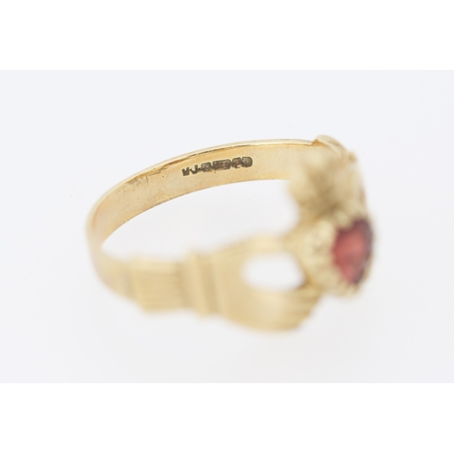 145 - Red Garnet Set Claddagh Ring Mounted in 9 Carat Yellow Gold Ring Size U