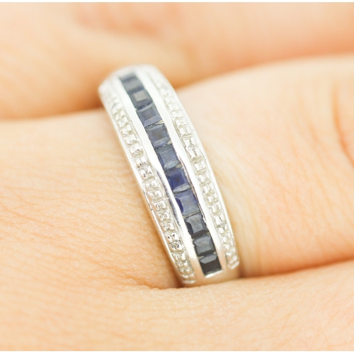 149 - Princess Cut Sapphire and Diamond Set Ring Mounted in 9 Carat White Gold Ring Size P