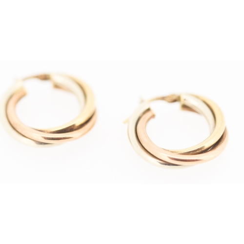 154 - Pair of 9 Carat Yellow Rose and White Tri Gold Crossover Form Hoop Earrings 2cm Diameter