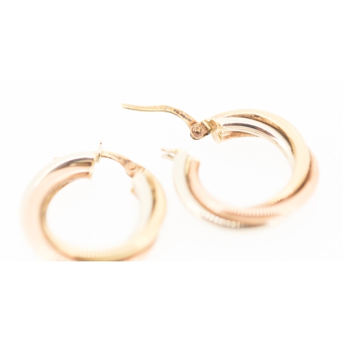 154 - Pair of 9 Carat Yellow Rose and White Tri Gold Crossover Form Hoop Earrings 2cm Diameter