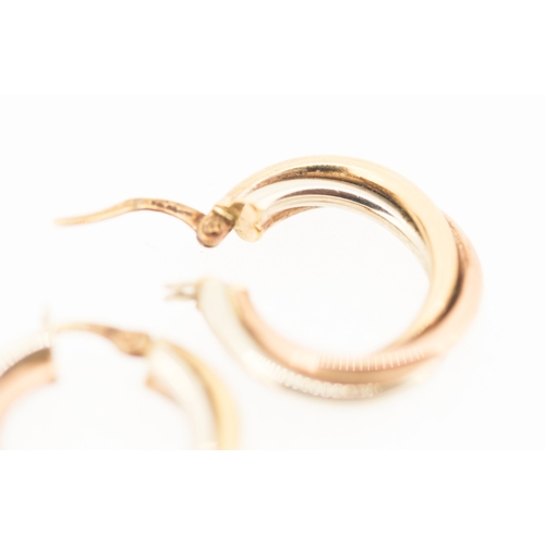 154 - Pair of 9 Carat Yellow Rose and White Tri Gold Crossover Form Hoop Earrings 2cm Diameter