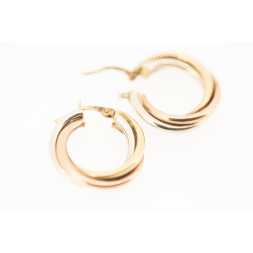 154 - Pair of 9 Carat Yellow Rose and White Tri Gold Crossover Form Hoop Earrings 2cm Diameter