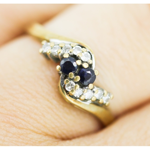 157 - Finely Detailed Sapphire Twin Stone Ring with Diamonds Set to Shoulders Mounted in 9 Carat Yellow Go... 