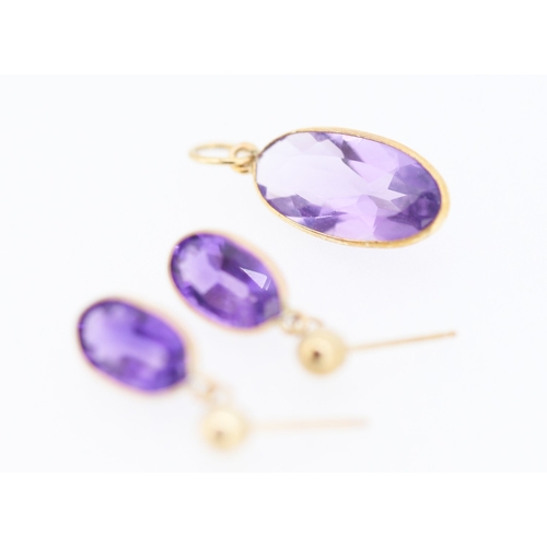 158 - Set of Oval Bezel Set Amethyst Pendant with Pair of Matching Drop Earrings Mounted in 9 Carat Yellow... 