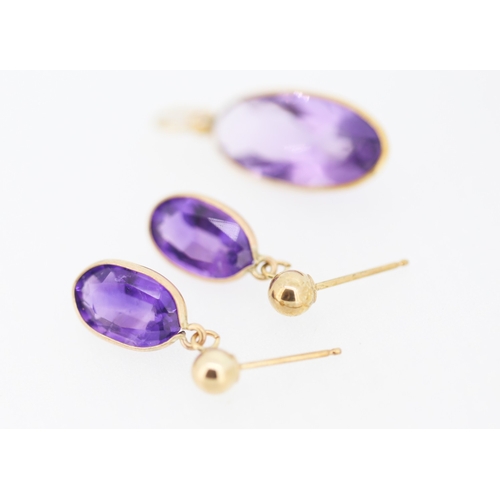 158 - Set of Oval Bezel Set Amethyst Pendant with Pair of Matching Drop Earrings Mounted in 9 Carat Yellow... 