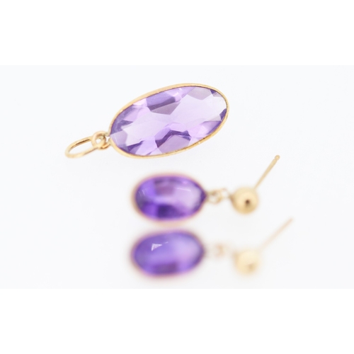 158 - Set of Oval Bezel Set Amethyst Pendant with Pair of Matching Drop Earrings Mounted in 9 Carat Yellow... 