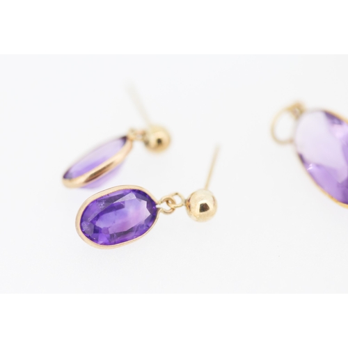 158 - Set of Oval Bezel Set Amethyst Pendant with Pair of Matching Drop Earrings Mounted in 9 Carat Yellow... 