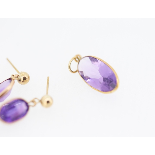 158 - Set of Oval Bezel Set Amethyst Pendant with Pair of Matching Drop Earrings Mounted in 9 Carat Yellow... 