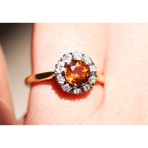 172 - Cognac Citrine Centre Stone Ring with Diamond Set Halo Surround Mounted in 18 Carat Yellow Gold Ring... 