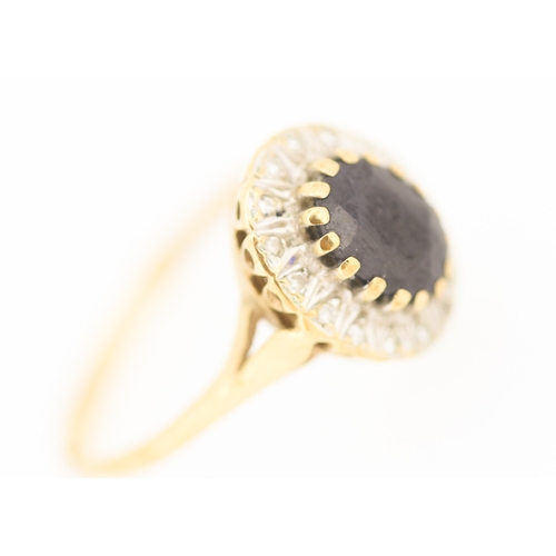 179 - Sapphire Set Centre Stone Ring with Diamond Set Surround Mounted in 9 Carat Yellow Gold Ring Size Q ... 