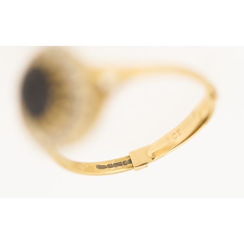 179 - Sapphire Set Centre Stone Ring with Diamond Set Surround Mounted in 9 Carat Yellow Gold Ring Size Q ... 