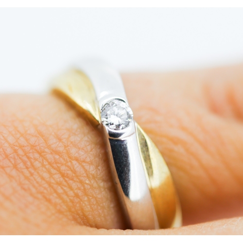 180 - Diamond Bezel Set Solitaire Crossover Form Ring Mounted in 9 Carat Yellow and White Gold Ring Size L