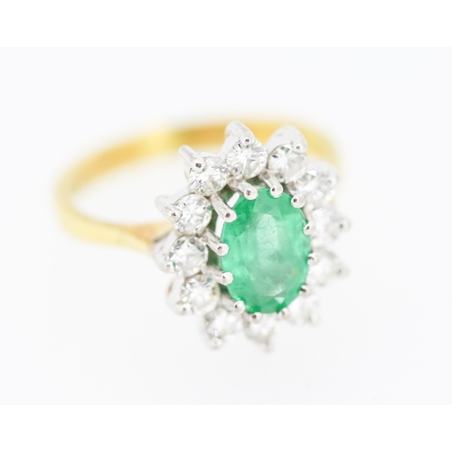 Emerald Centre Stone Set Ring with Diamond Set Halo Surround Mounted in 18 Carat Yellow Gold Ring Size J and a Half