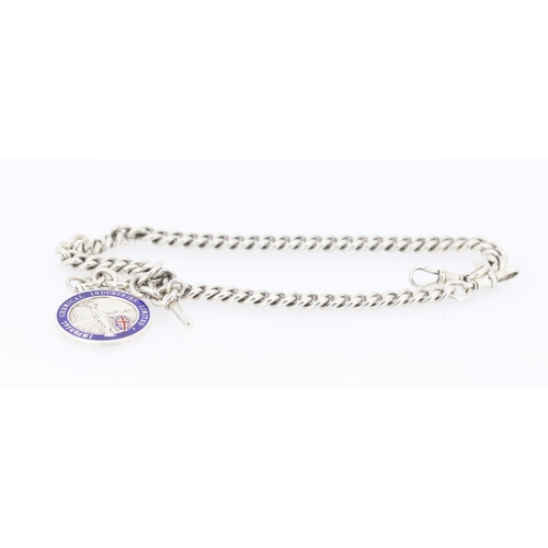 Silver Curb Link T-Bar Chain with Enamel Decorated Coin Fob Chain 40cm Long